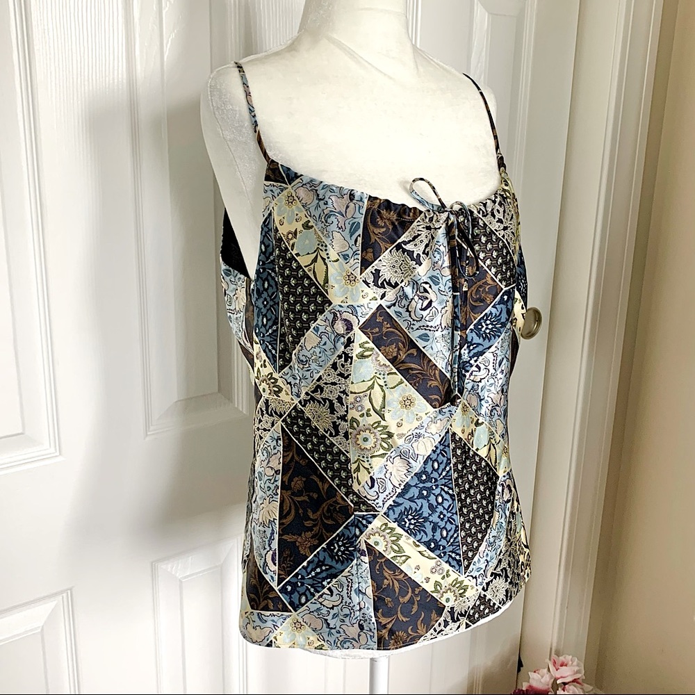 WORTH 100% Silk Tank Sleeveless Blouse Patchwork print blue cream 8 MED